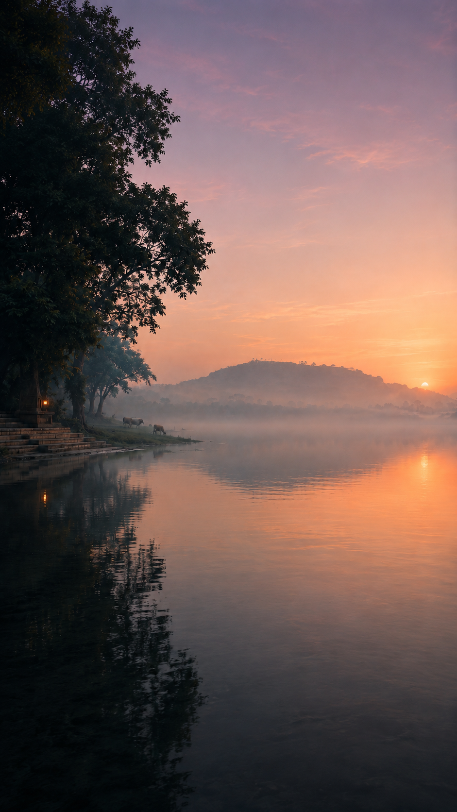 Misty sunrise over a quiet lake