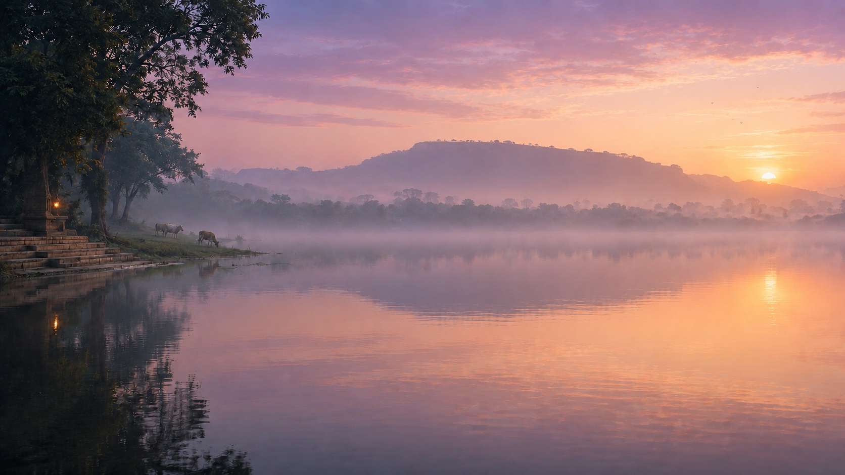 Misty sunrise over a quiet lake